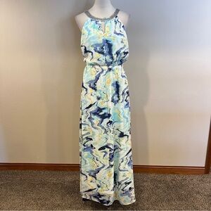 Vince‎ Camuto Elegant Blue and White halter Maxi Dress with beaded neck size 4